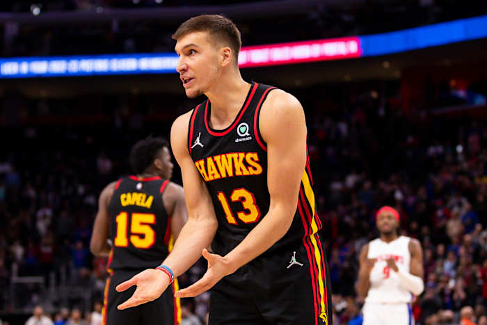 Mar 7, 2022; Detroit, Michigan, USA; Atlanta Hawks guard Bogdan Bogdanovic (13) reacts after getting called for a foul during the fourth quarter against the Detroit Pistons at Little Caesars Arena.